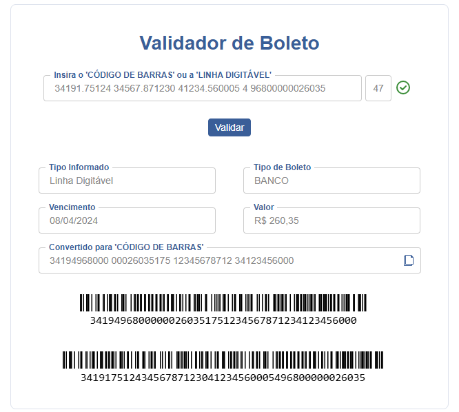Animação da extensão Validador de Boleto verificando uma linha digitável e exibindo os dados.