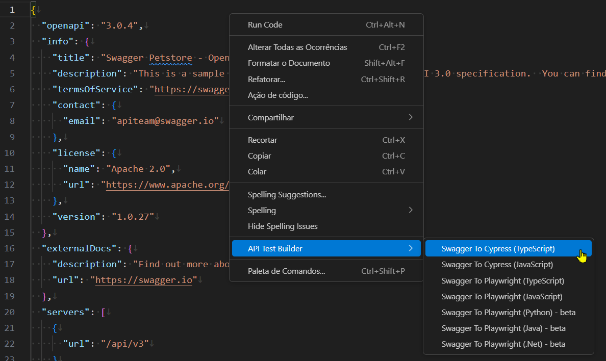 Animation of the API Test Builder extension in VS Code: a user right-clicks a Swagger file, selects 'Swagger to Cypress', and a new folder with test scripts is instantly generated.