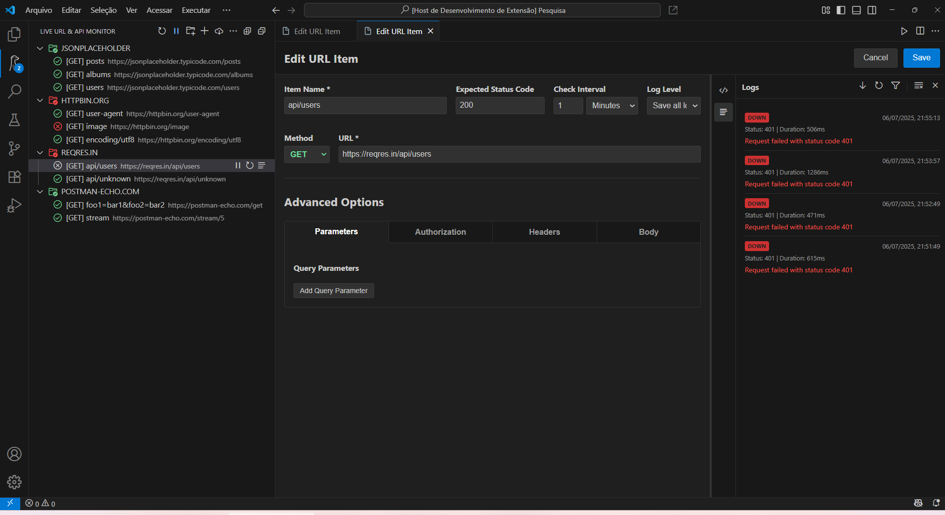 Animation of the Live API & URL Monitor extension in VS Code, showing a tree view of APIs with real-time status indicators changing.